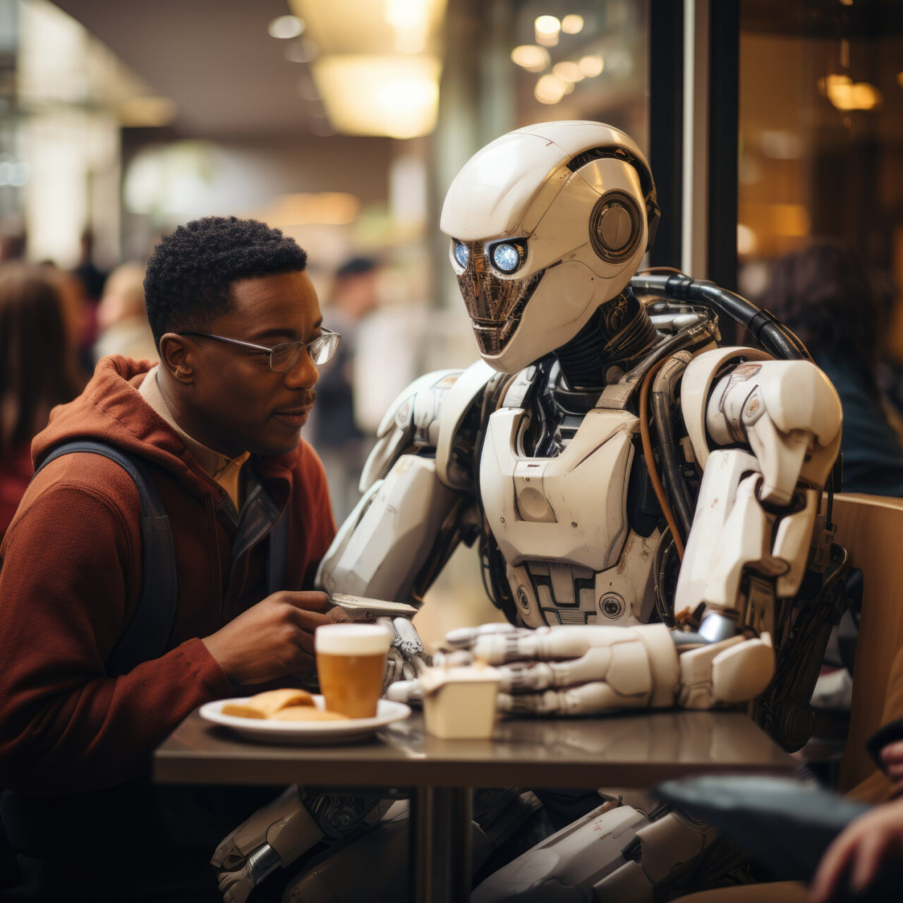 African man wearing glasses and a hoodie engages in conversation with a robot sitting on the table, both enjoying coffee